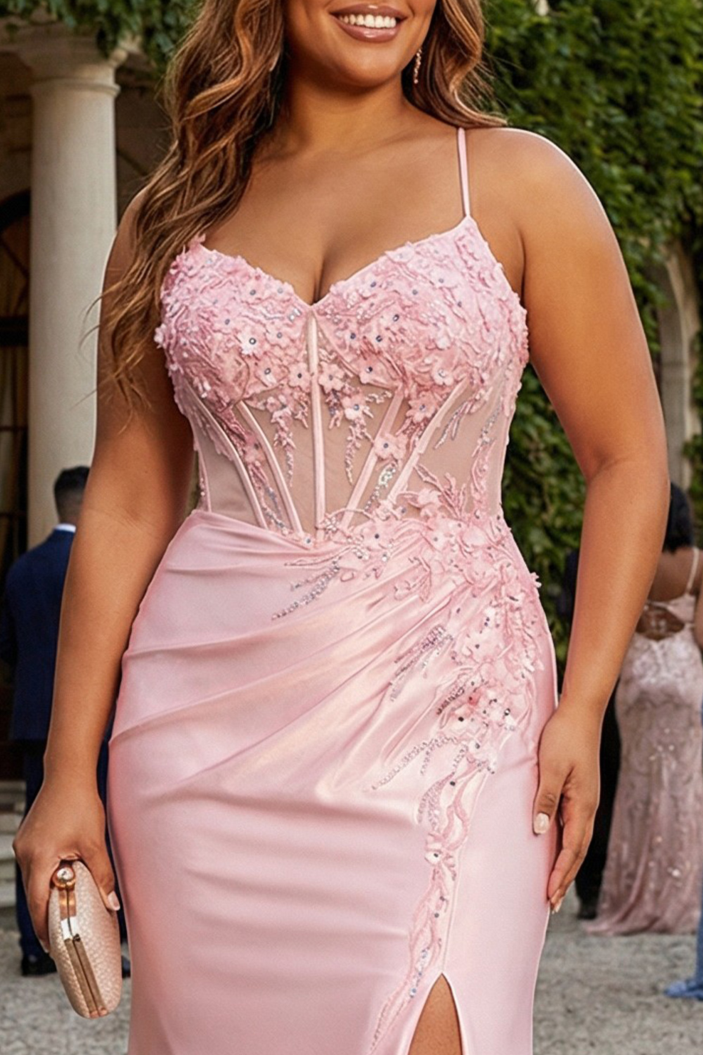 Plus Size Pink Satin Mermaid Ruched Long Corset Prom Dress with Slit