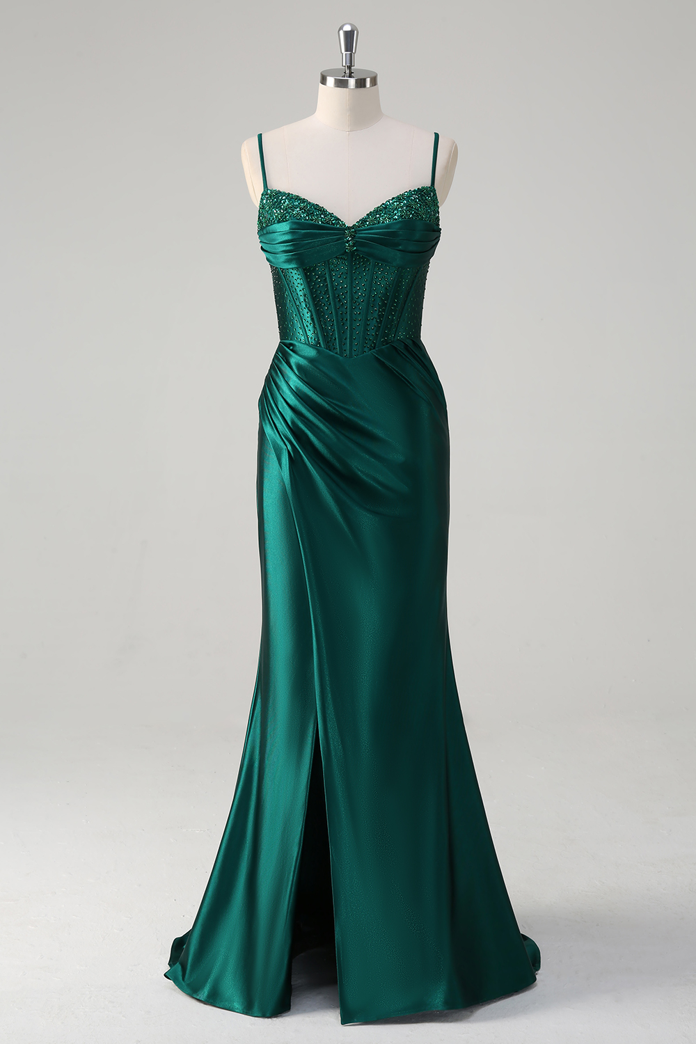 Glitter Dark Green Spaghetti Straps Satin Mermaid Long Corset Prom Dress with Beading
