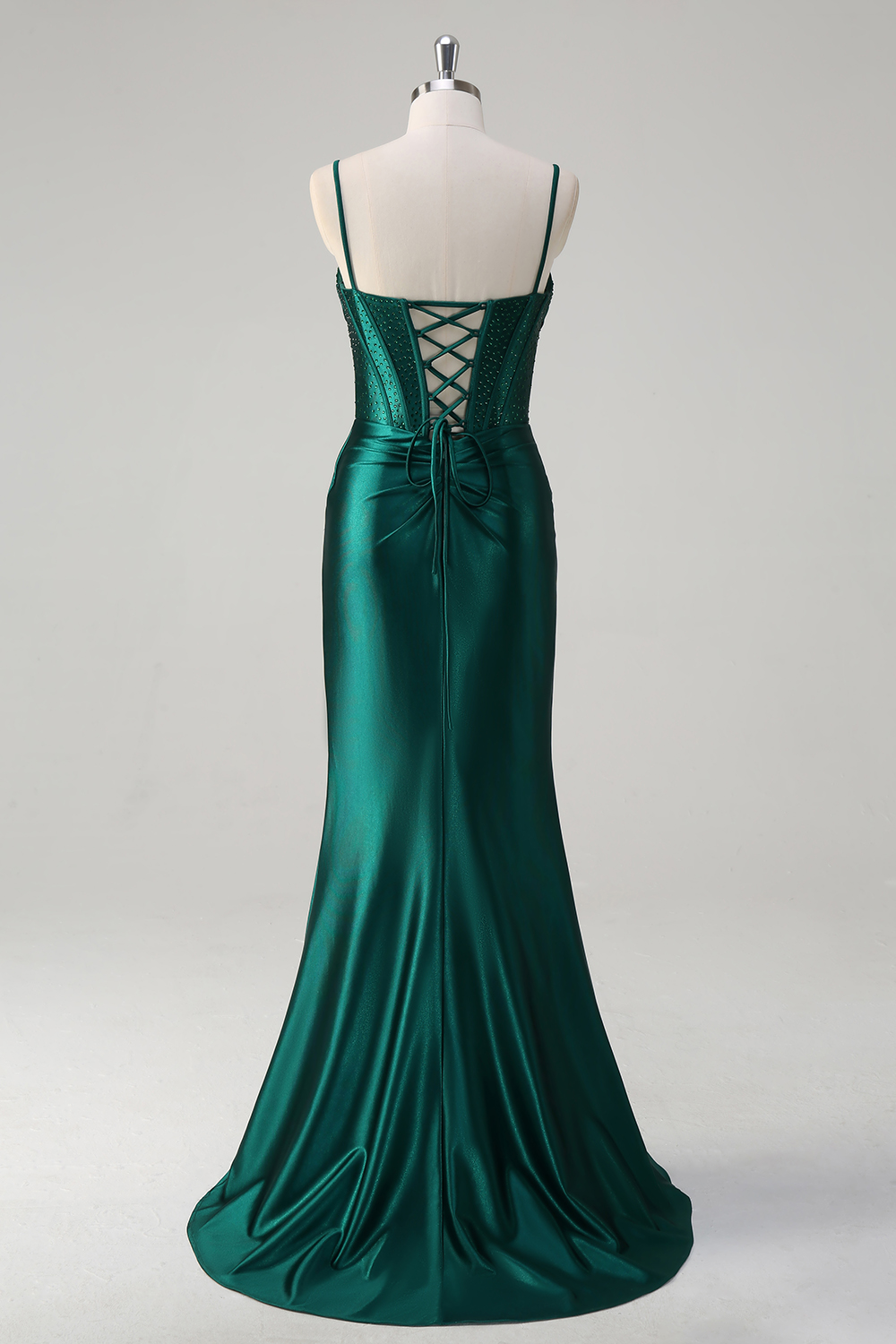 Glitter Dark Green Spaghetti Straps Satin Mermaid Long Corset Prom Dress with Beading