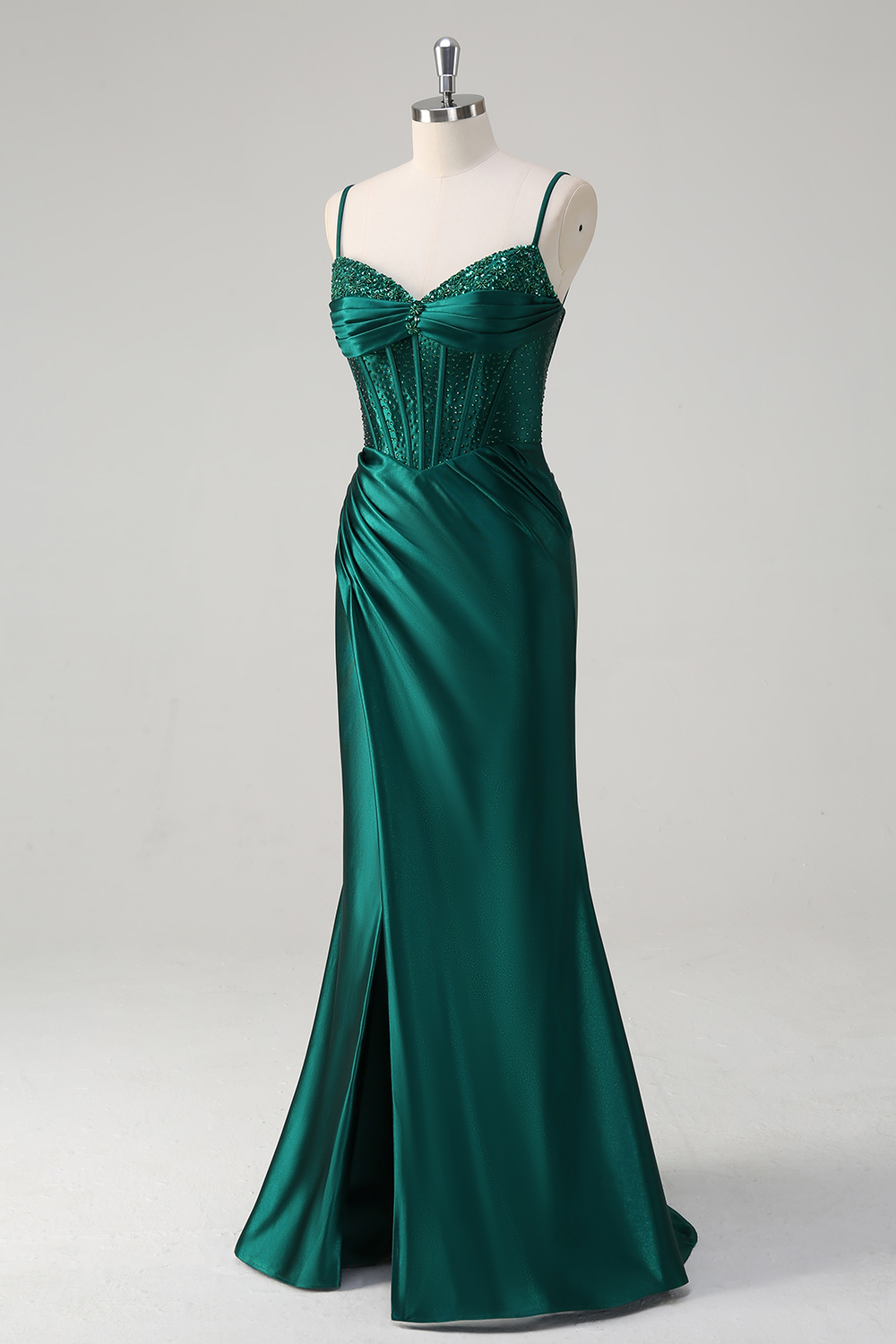 Glitter Dark Green Spaghetti Straps Satin Mermaid Long Corset Prom Dress with Beading