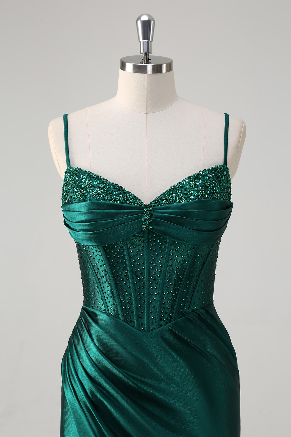 Glitter Dark Green Spaghetti Straps Satin Mermaid Long Corset Prom Dress with Beading