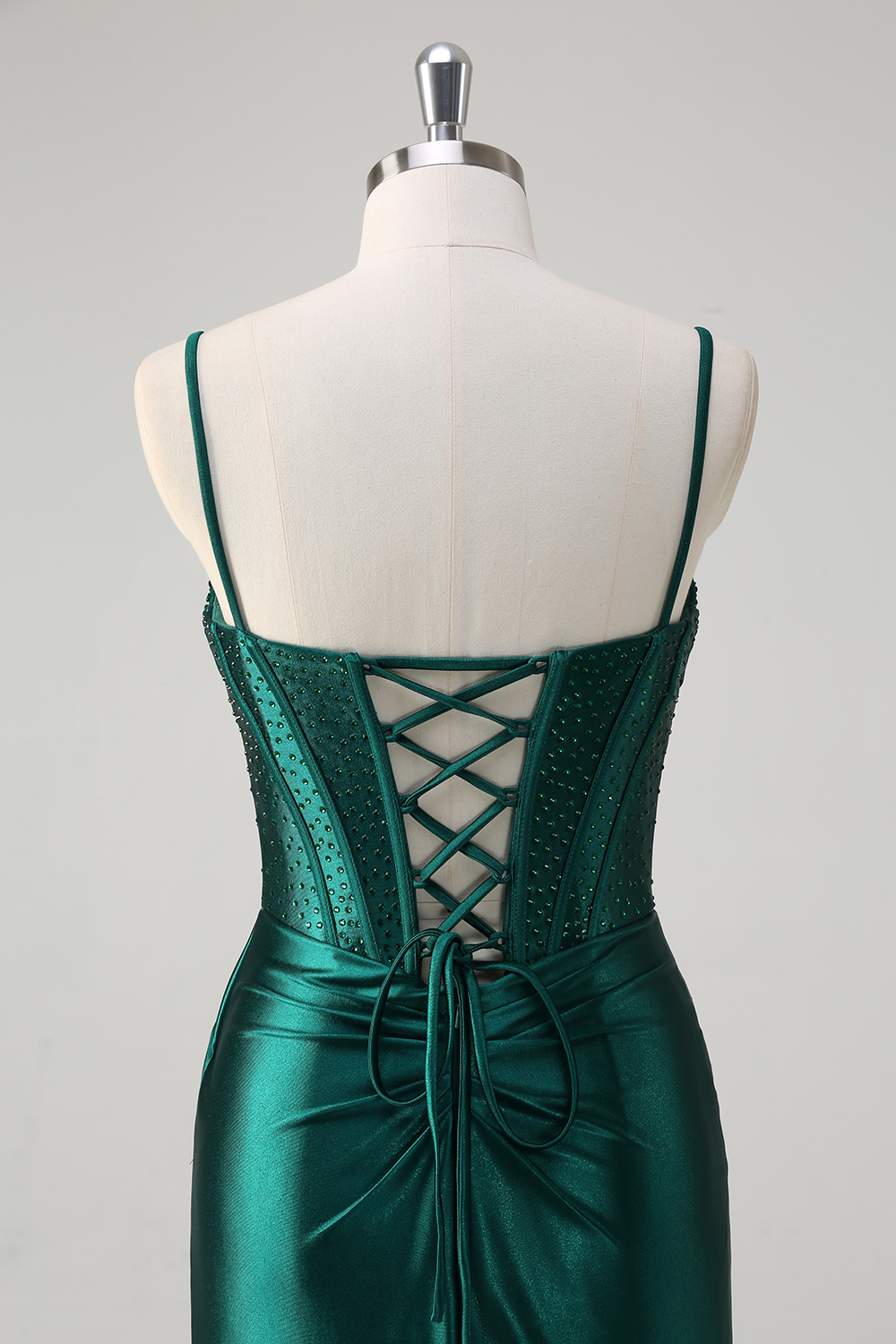 Glitter Dark Green Spaghetti Straps Satin Mermaid Long Corset Prom Dress with Beading