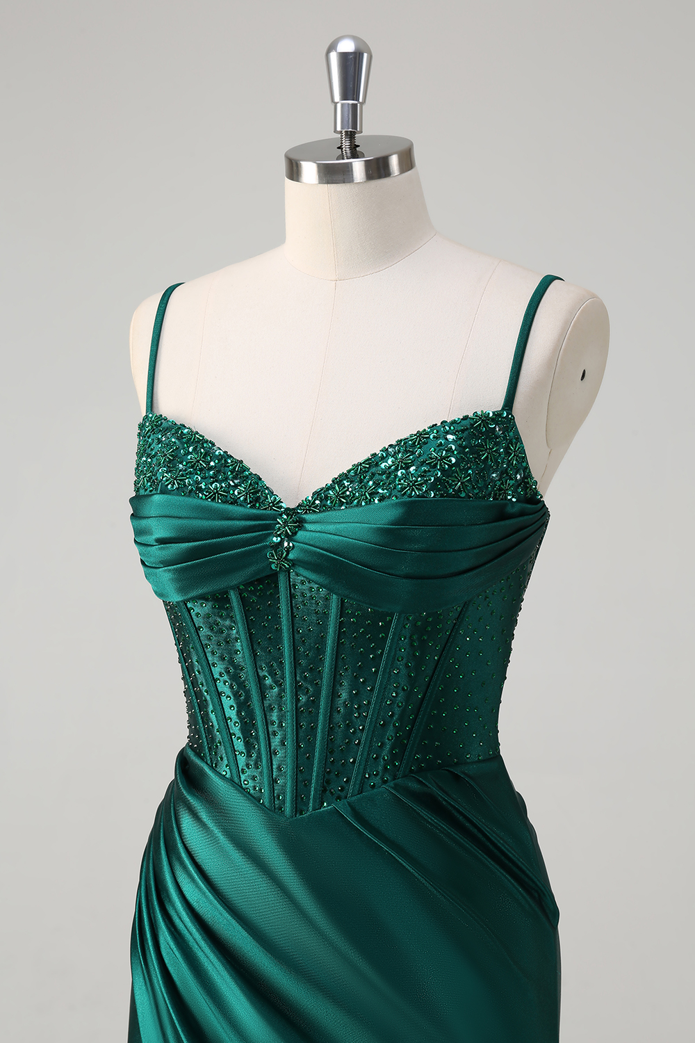 Glitter Dark Green Spaghetti Straps Satin Mermaid Long Corset Prom Dress with Beading