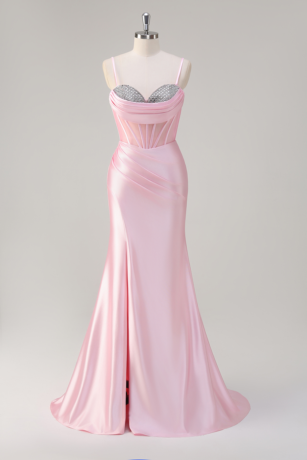Pink Spaghetti Straps Satin Ruched Mermaid Long Corset Prom Dress with Slit