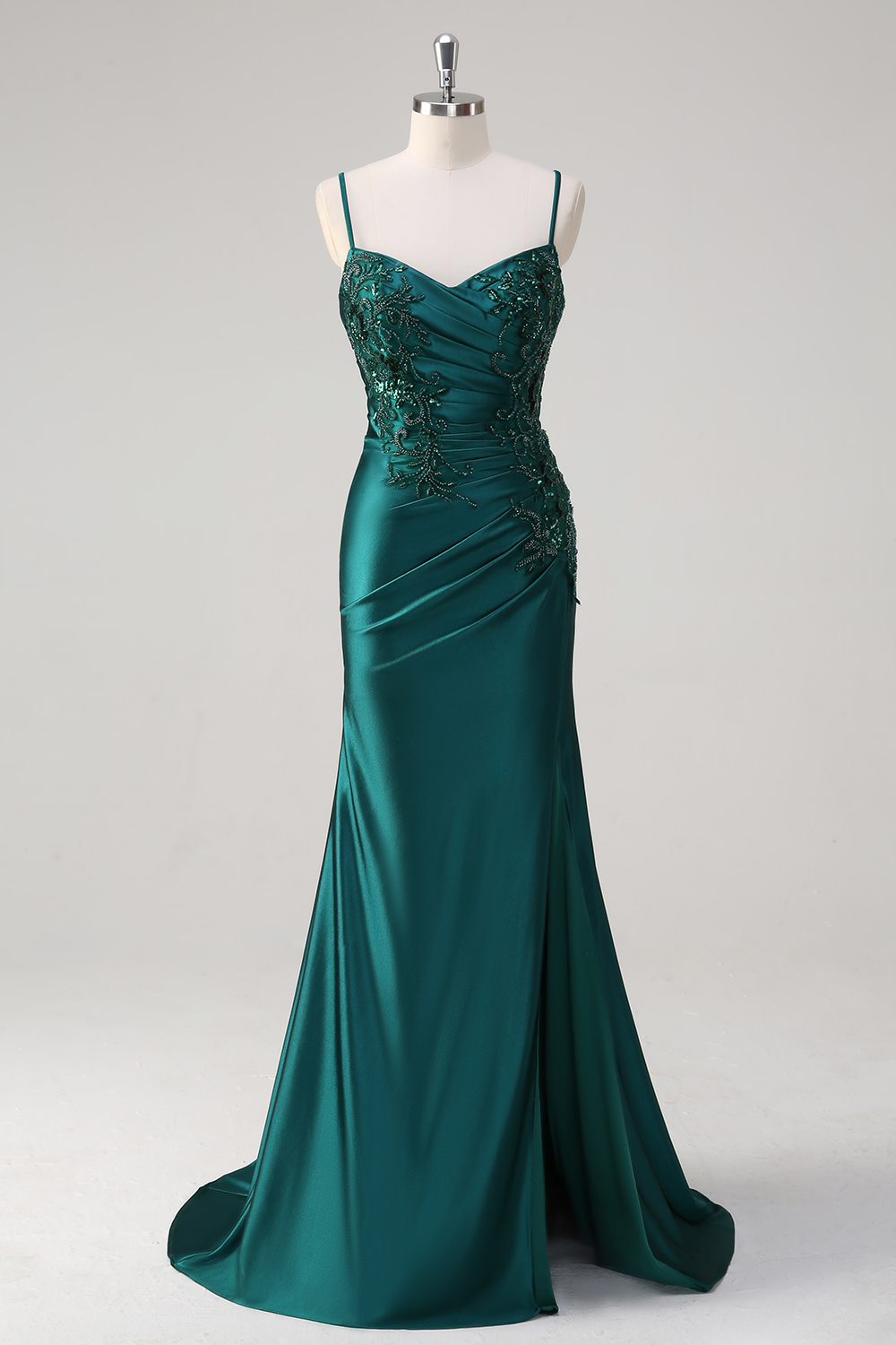 Dark Green Spaghetti Straps Satin Ruched Mermaid Long Prom Dress with Appliques