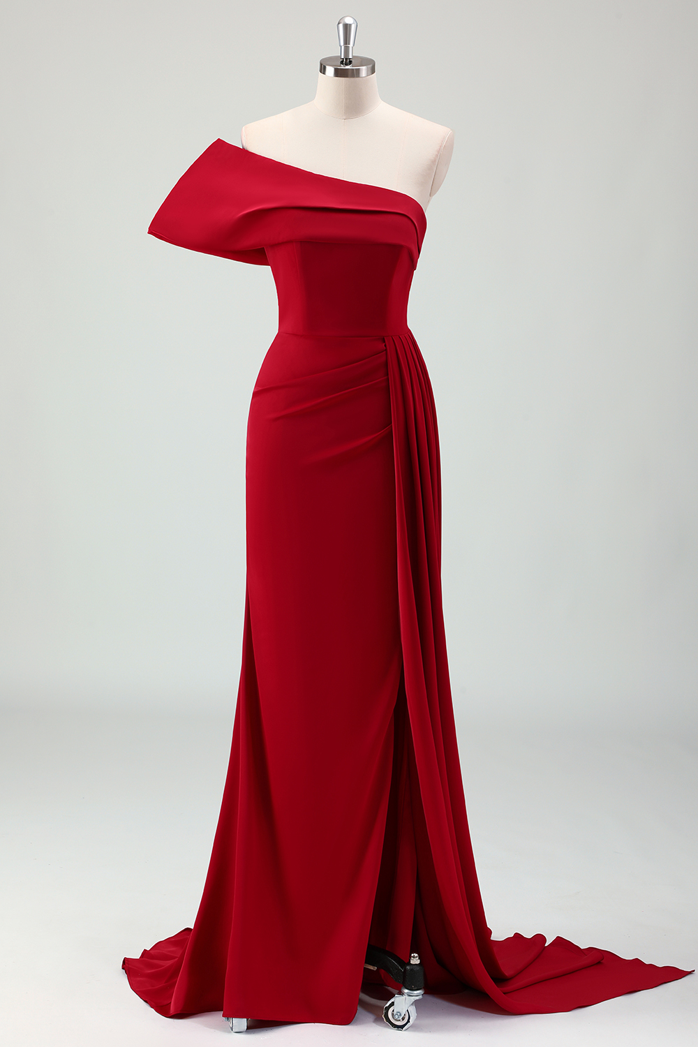 Simple Burgundy One Shoulder Mermaid Satin Ruched Long Prom Dress with Slit