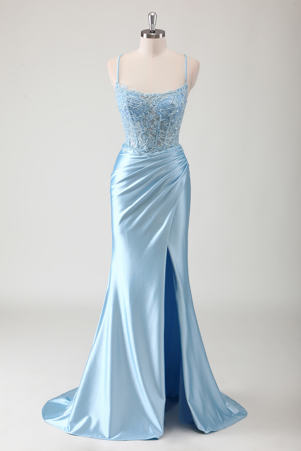 Blue Spaghetti Straps Satin Ruched Mermaid Long Corset Prom Dress with Appliques