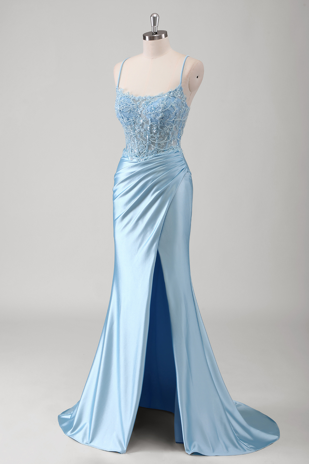 Blue Spaghetti Straps Satin Ruched Mermaid Long Corset Prom Dress with Appliques