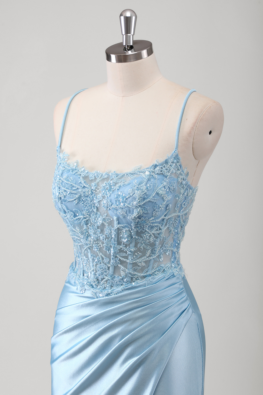 Blue Spaghetti Straps Satin Ruched Mermaid Long Corset Prom Dress with Appliques