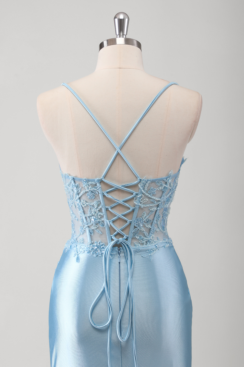 Blue Spaghetti Straps Satin Ruched Mermaid Long Corset Prom Dress with Appliques