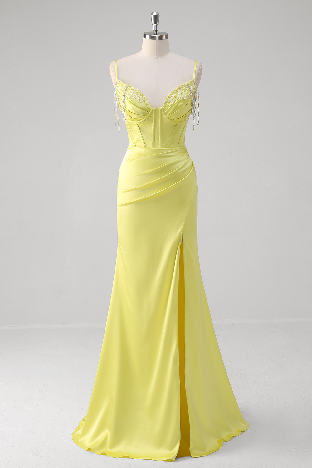 Yellow Spaghetti Straps Satin Mermaid Long Corset Prom Dress with Appliques