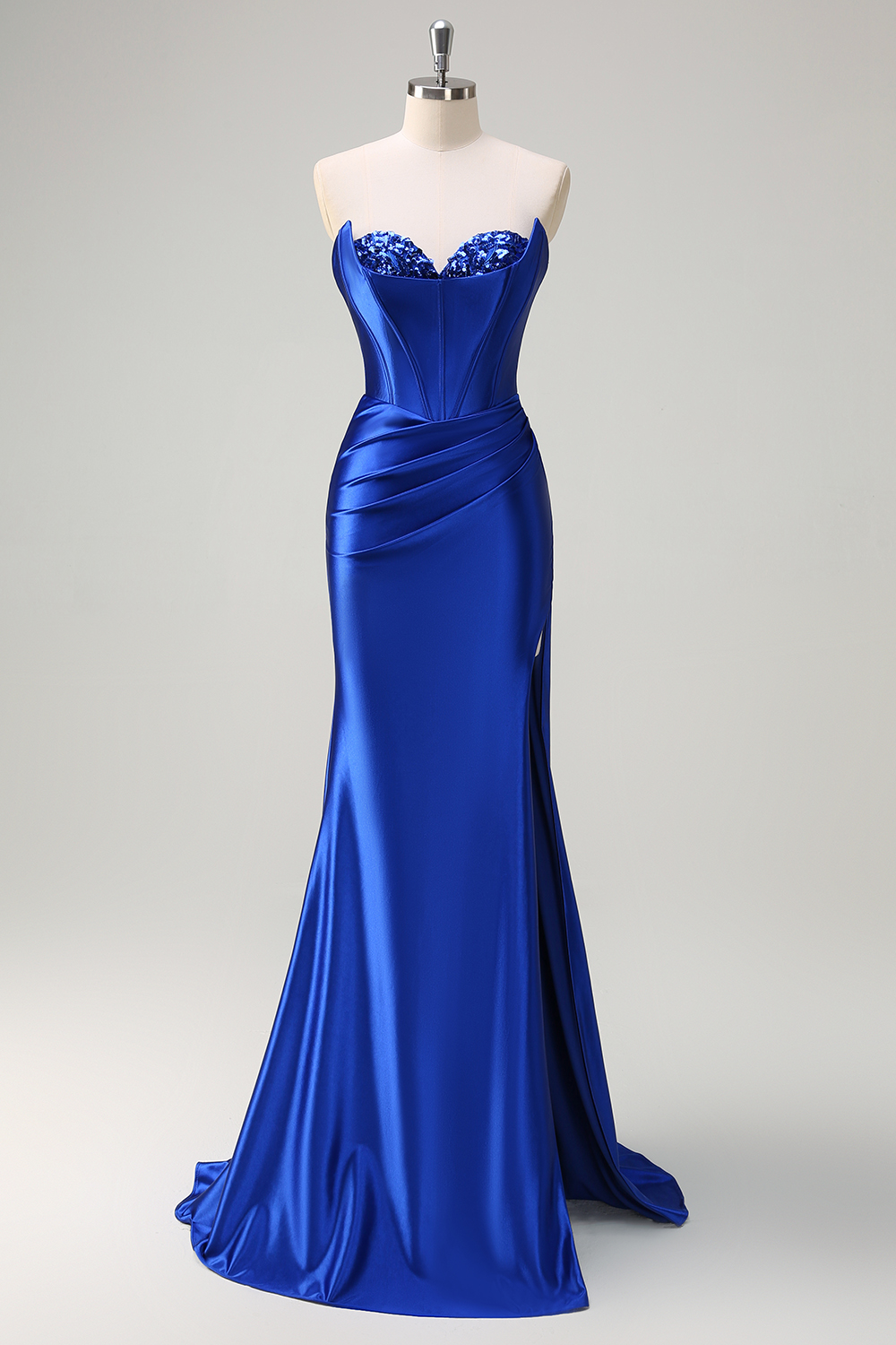 Royal Blue Sweetheart Satin Mermaid Long Corset Prom Dress with Slit