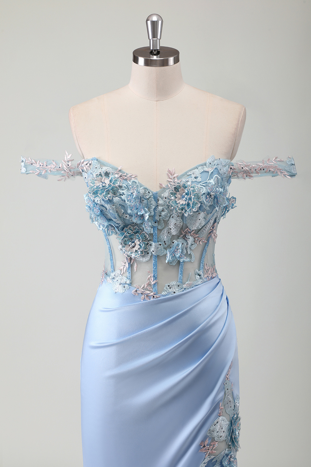 Sky Blue Off the Shouler Mermaid Satin Long Corset Prom Dress with Appliques