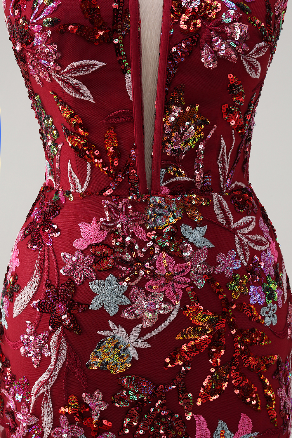 Burgundy Spaghetti Straps Sequins and Embroidery Mermaid Long Corset Prom Dress