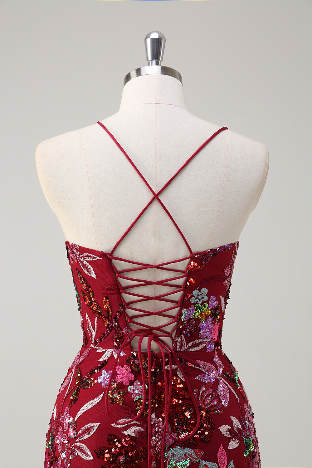 Burgundy Spaghetti Straps Sequins and Embroidery Mermaid Long Corset Prom Dress