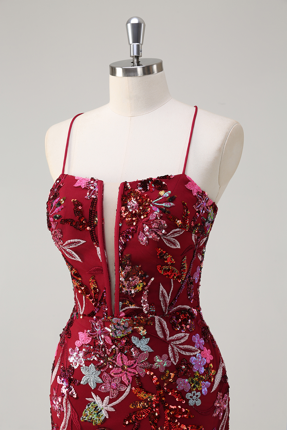 Burgundy Spaghetti Straps Sequins and Embroidery Mermaid Long Corset Prom Dress