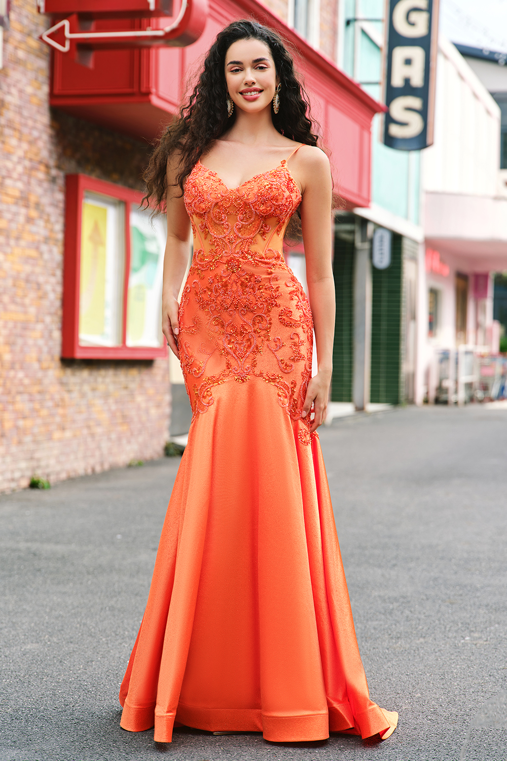 Sparkly Orange Spaghetti Straps Beaded Mermaid Satin Long Corset Prom Dress 
