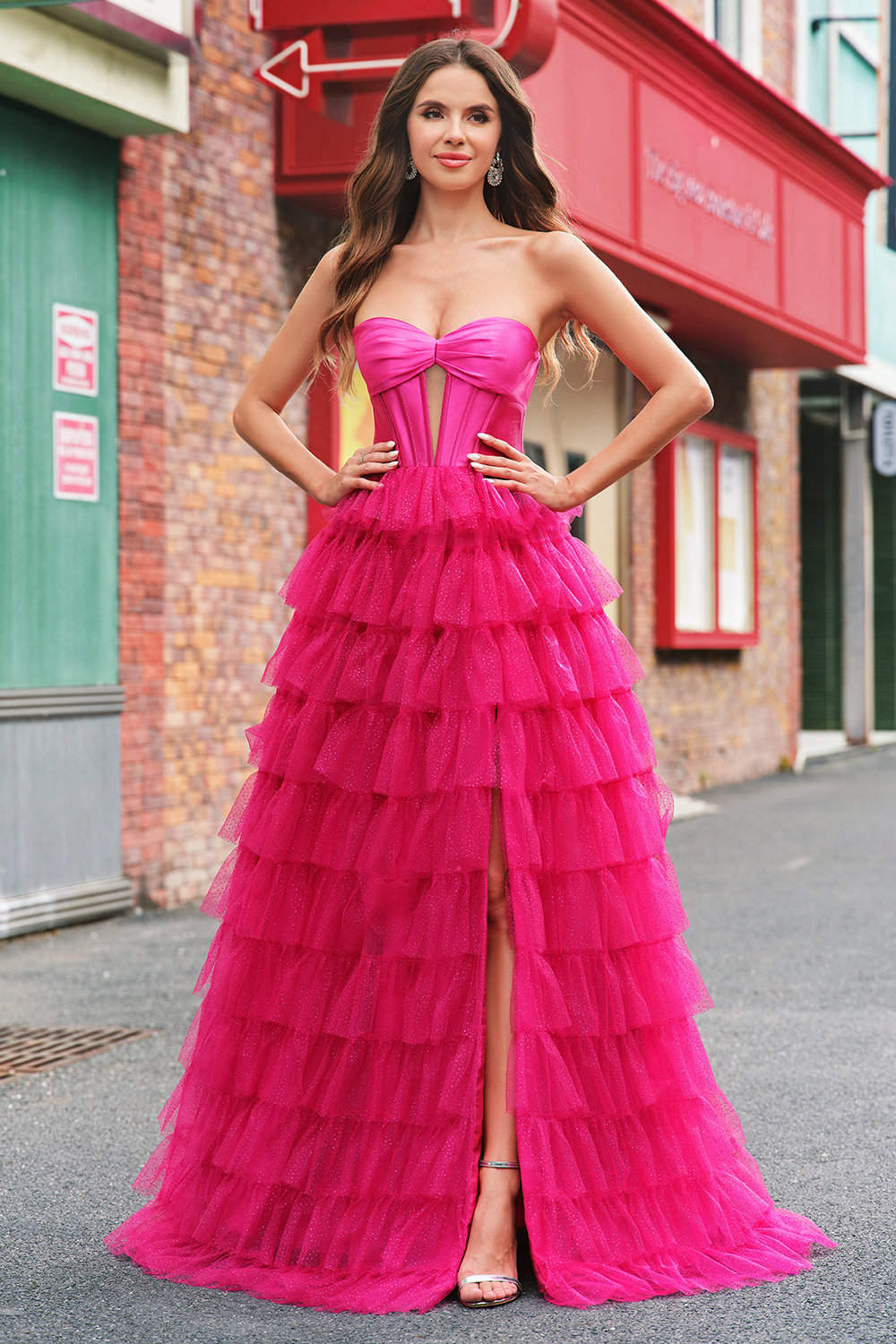 Fuchsia Sweetheart A-Line Tulle Tiered Long Corset Prom Dress with Slit