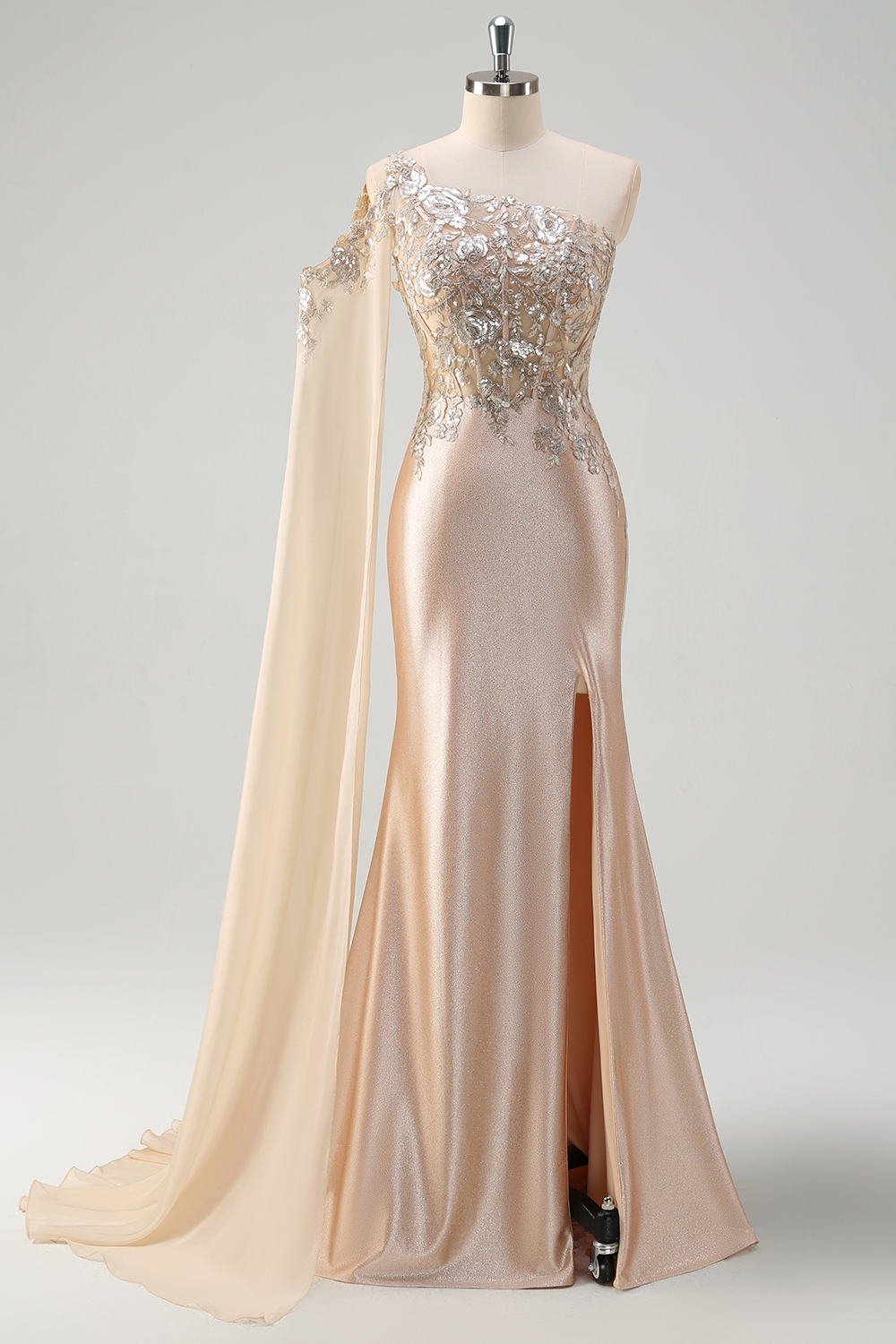 Sparkly Champagne One Shoulder Mermaid Satin Long Corset Prom Dress with Appliques