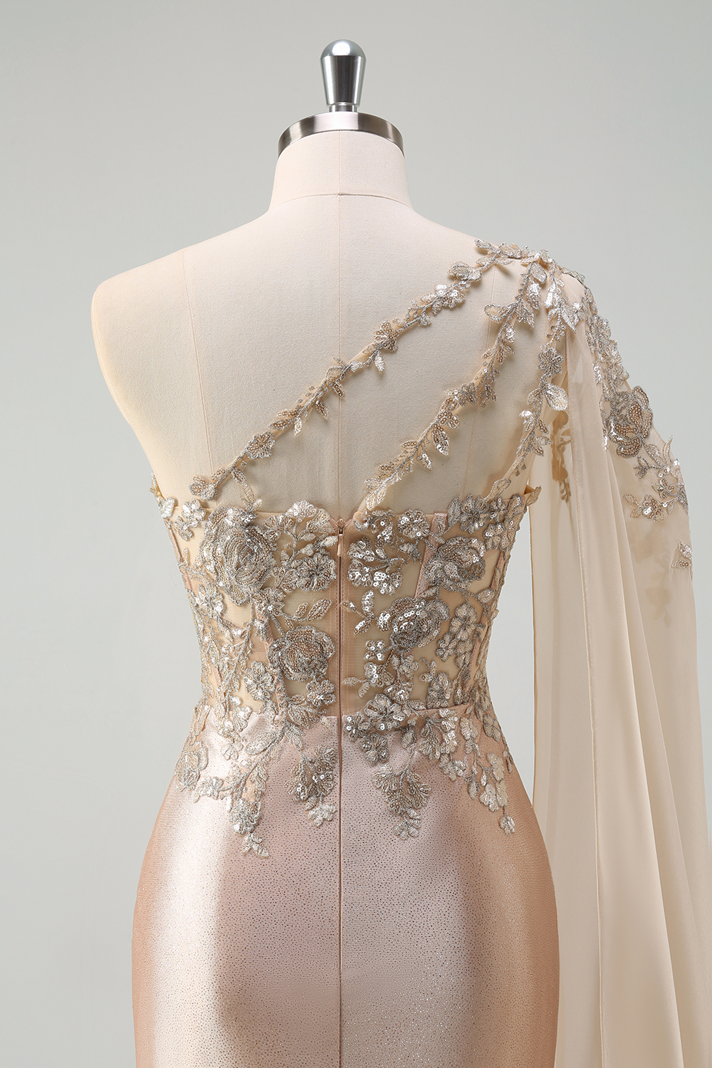 Sparkly Champagne One Shoulder Mermaid Satin Long Corset Prom Dress with Appliques