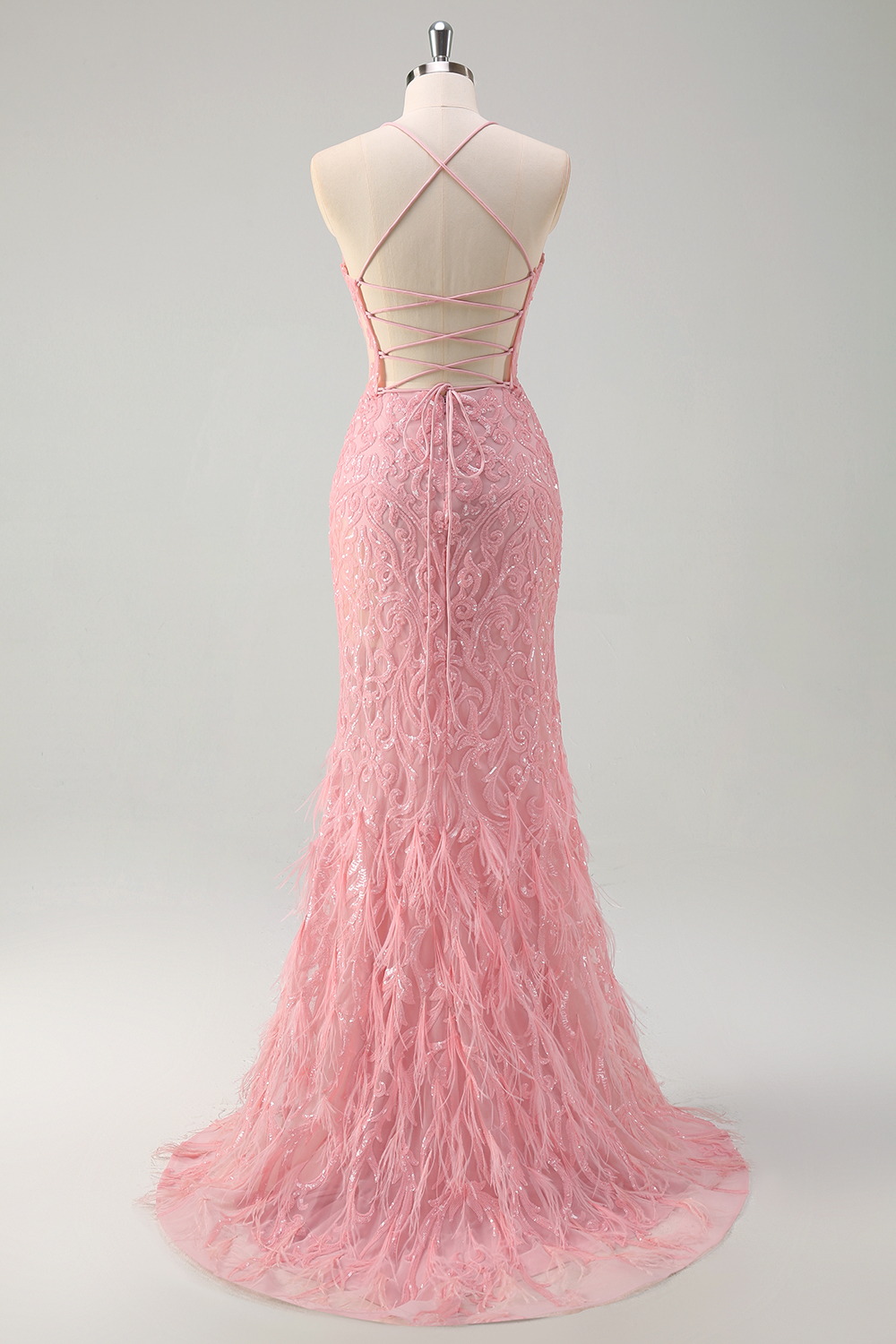 Pink Spaghetti Straps Mermaid Sequins Long Prom Dress with Feather
