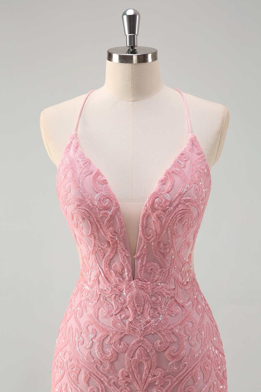 Pink Spaghetti Straps Mermaid Sequins Long Prom Dress with Feather