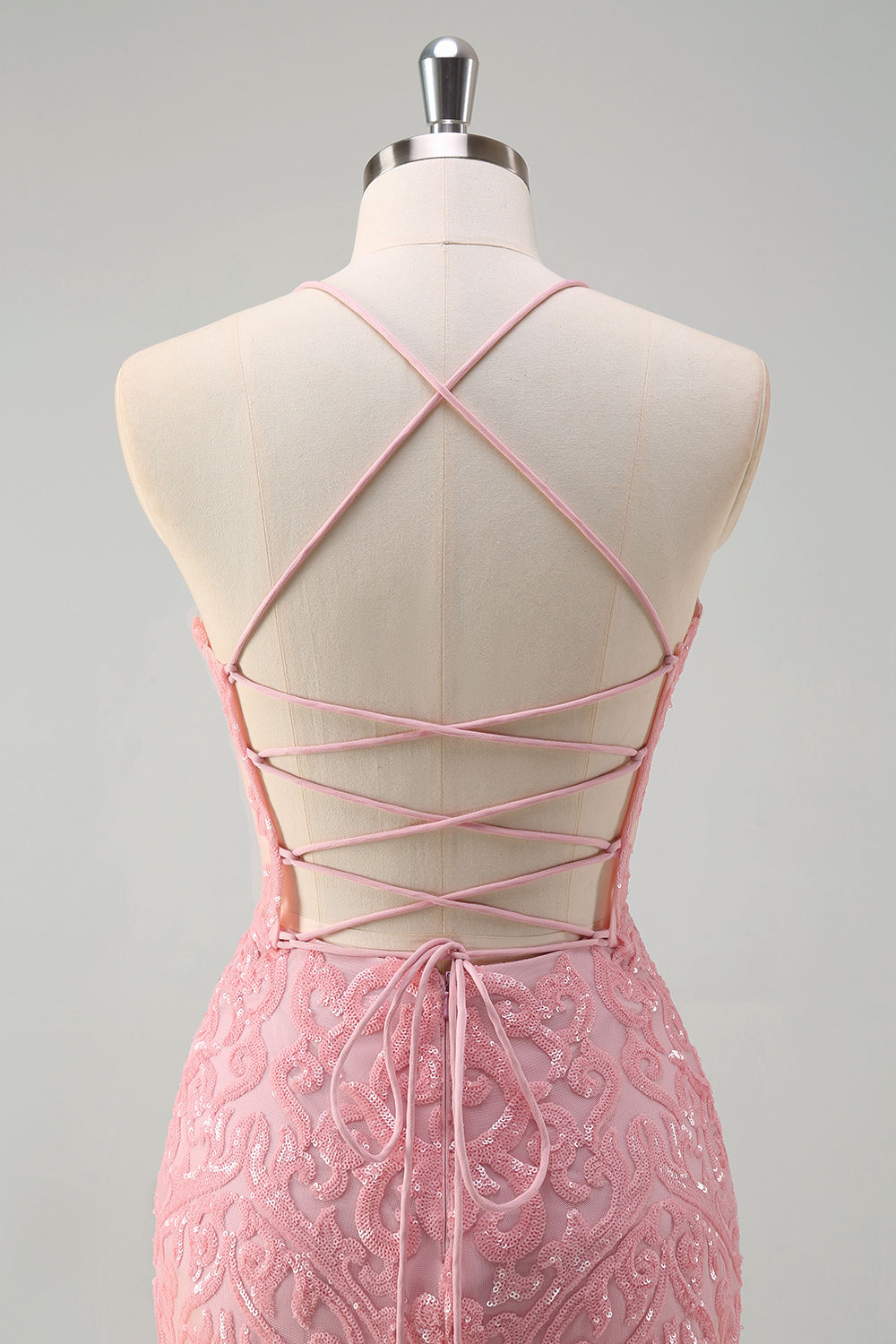 Pink Spaghetti Straps Mermaid Sequins Long Prom Dress with Feather