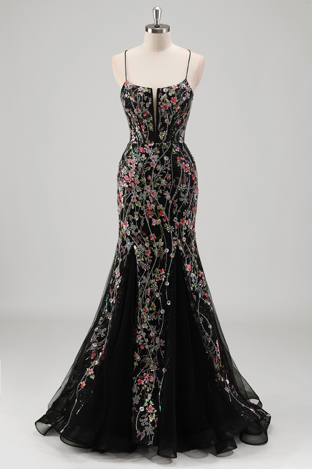Black Spaghetti Straps Floral Embroidery Mermaid Long Corset Prom Dress