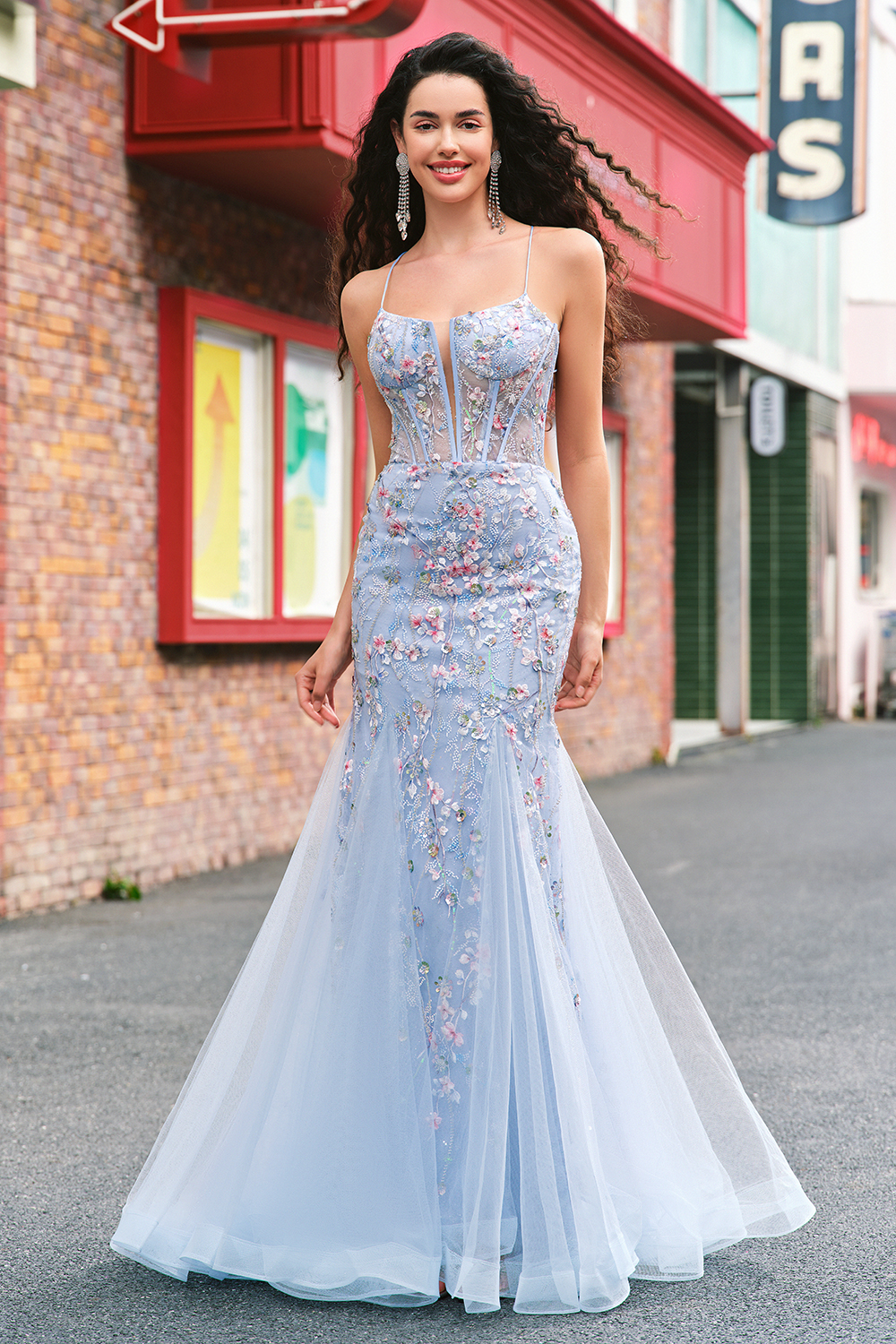 Black Spaghetti Straps Floral Embroidery Mermaid Long Corset Prom Dress