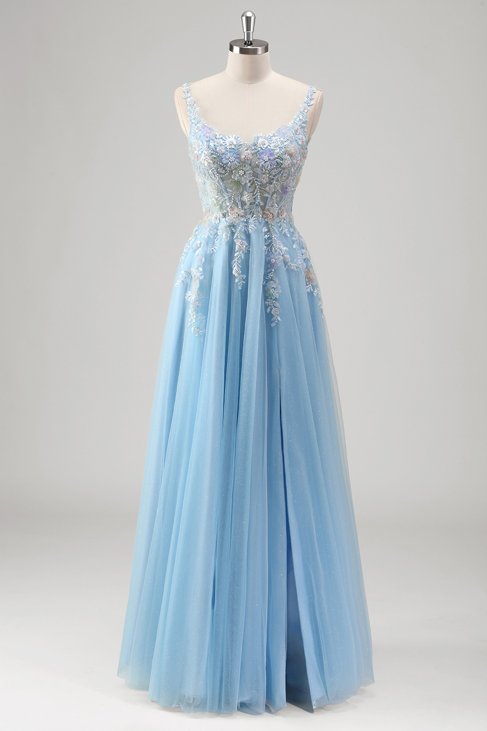 Light Blue Round Neck Tulle A-Line Long Corset Prom Dress with Appliques
