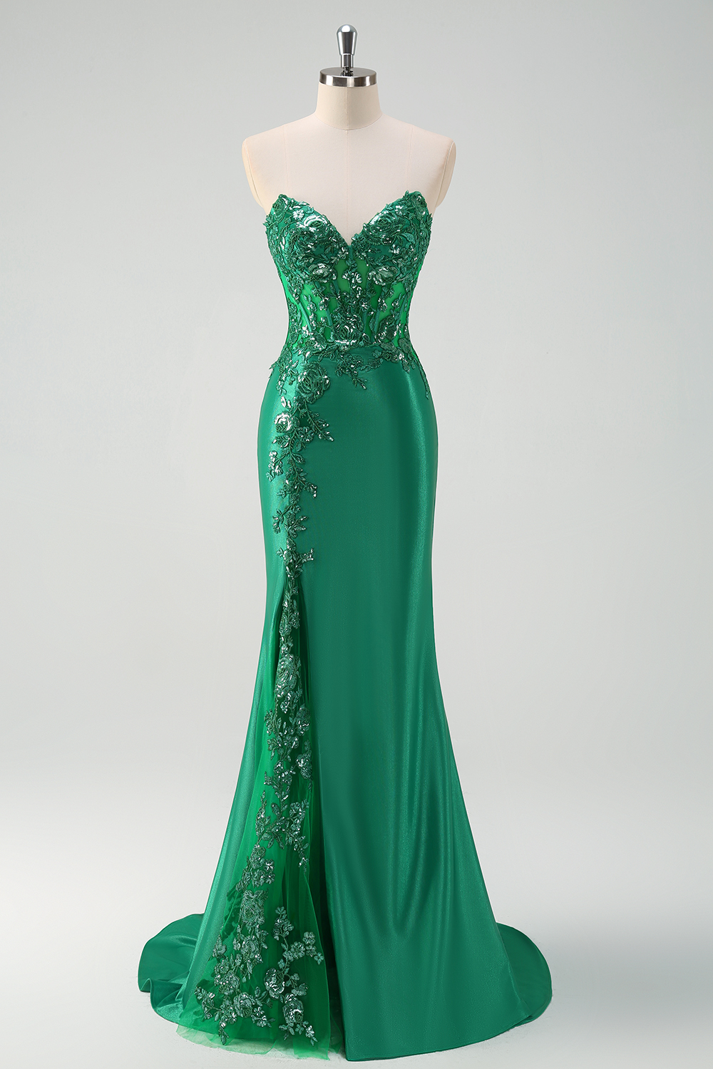 Green Sweetheart Satin Mermaid Long Corset Prom Dress with Appliques