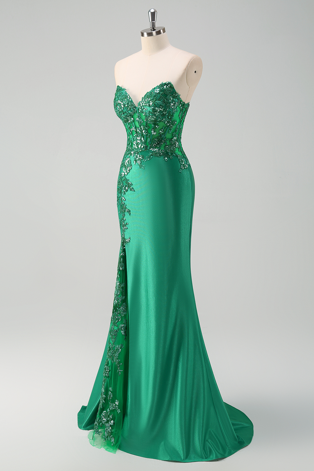 Green Sweetheart Satin Mermaid Long Corset Prom Dress with Appliques