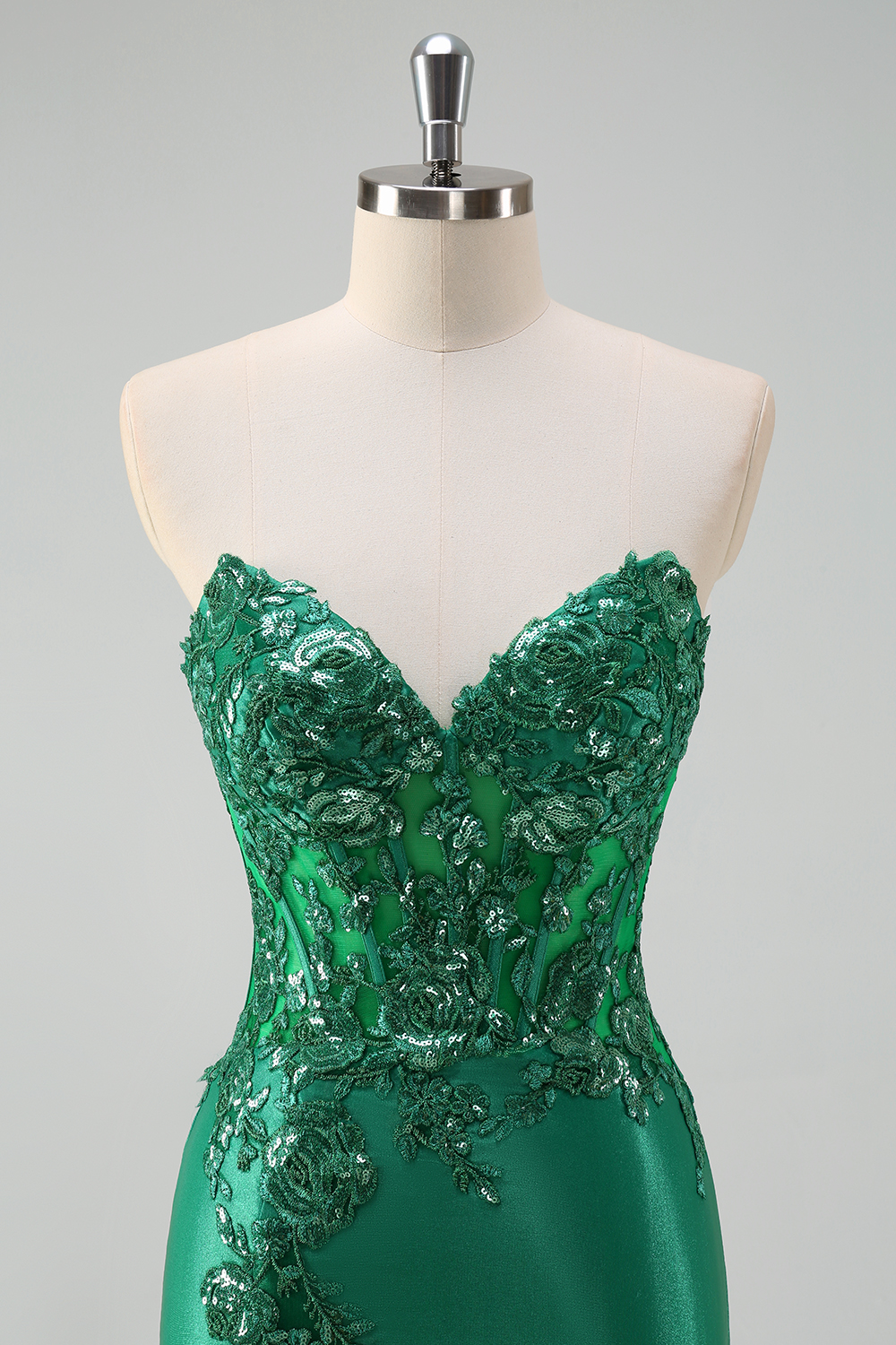 Green Sweetheart Satin Mermaid Long Corset Prom Dress with Appliques