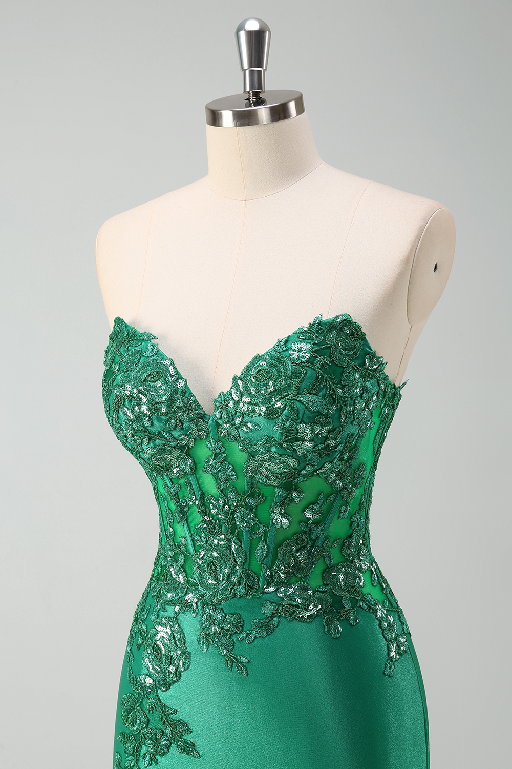 Green Sweetheart Satin Mermaid Long Corset Prom Dress with Appliques