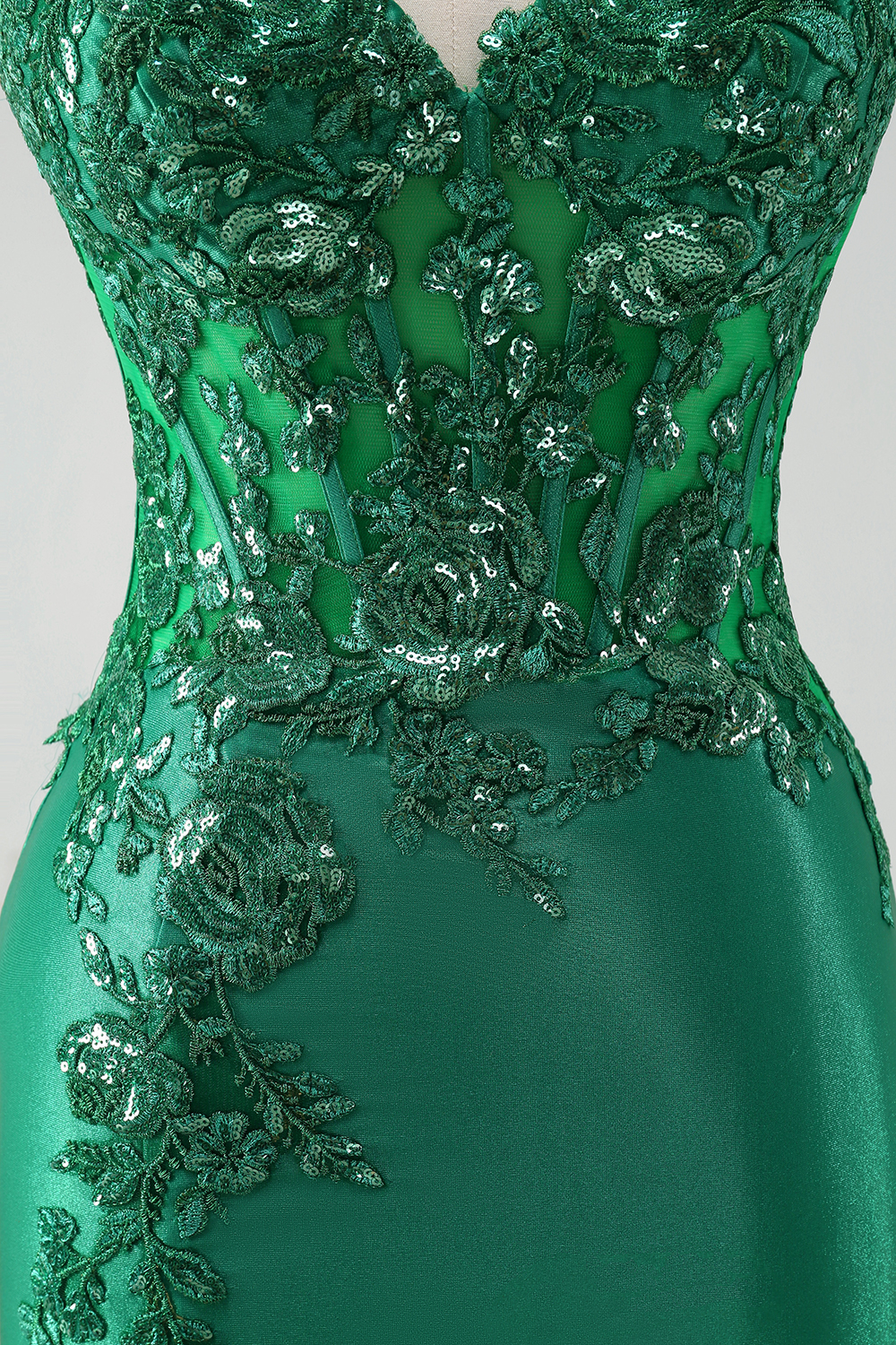 Green Sweetheart Satin Mermaid Long Corset Prom Dress with Appliques