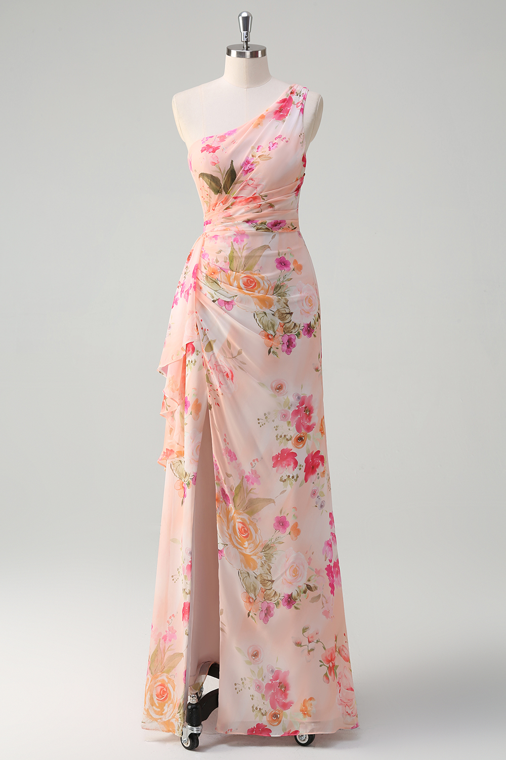 Peach Floral Printed One Shouler Sheath Chiffon Ruched Long Prom Dress with Slit