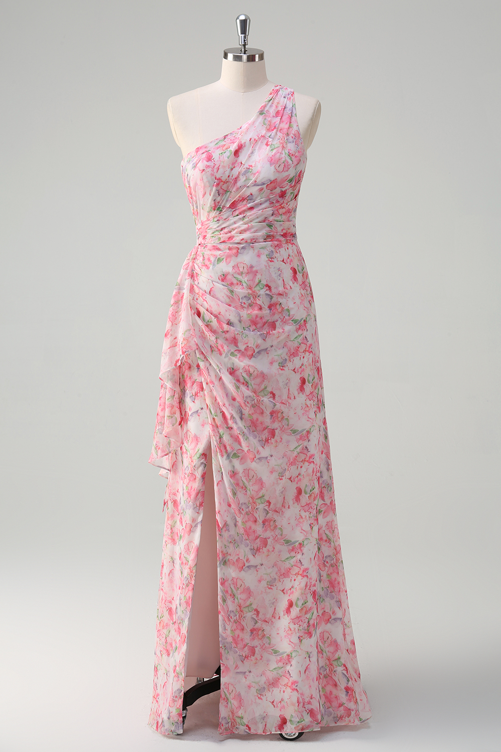 Pink Floral Printed Sheath One Shoulder Chiffon Ruched Long Prom Dress with Slit