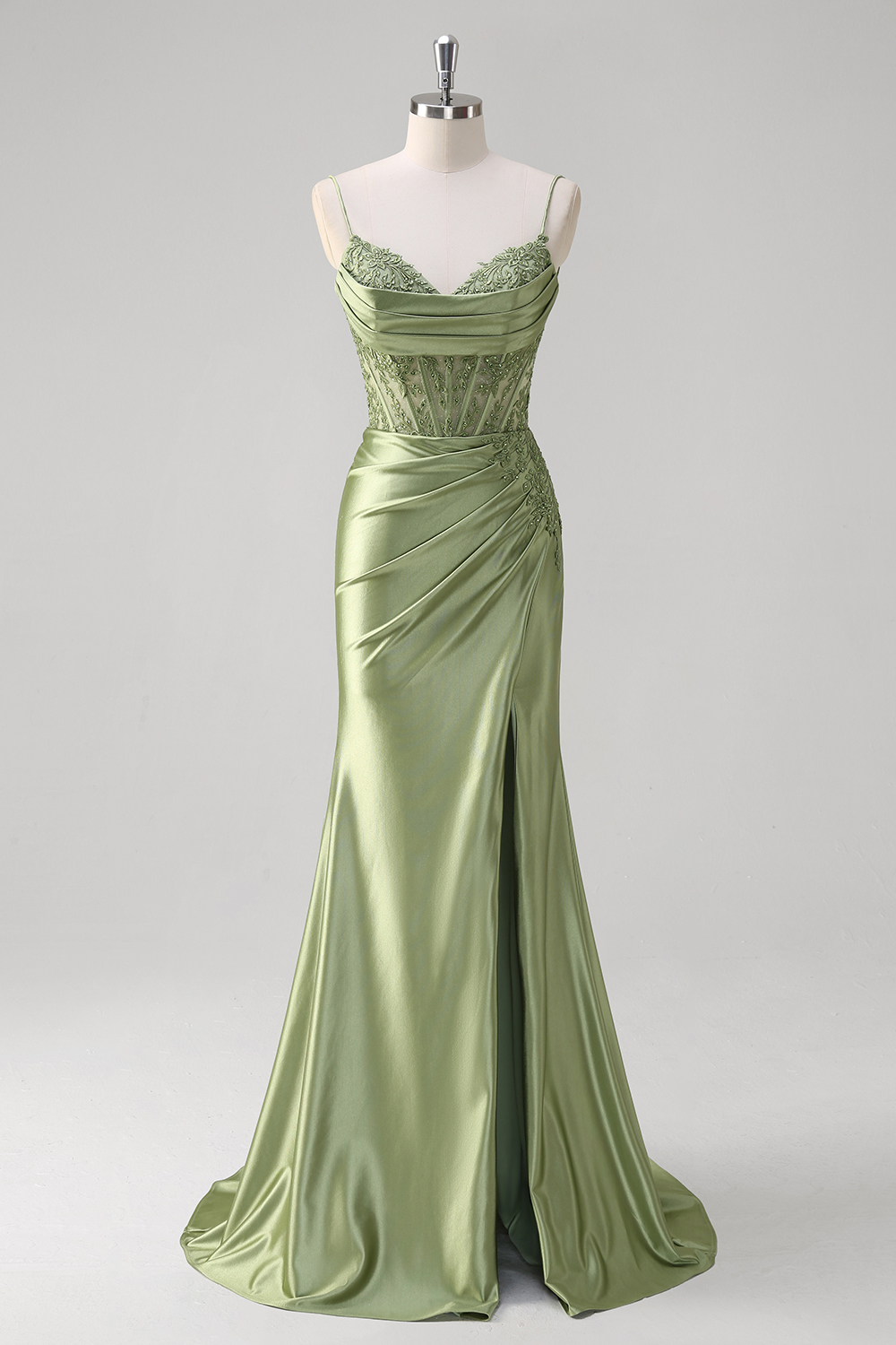 Green Spaghetti Straps Satin Mermaid Long Corset Prom Dress with Appliques