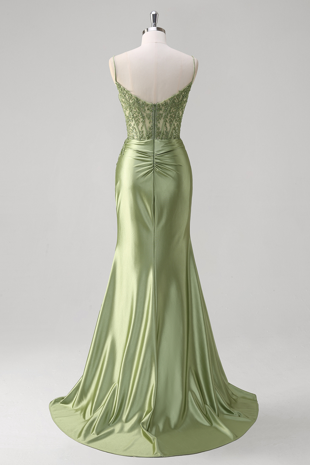 Green Spaghetti Straps Satin Mermaid Long Corset Prom Dress with Appliques