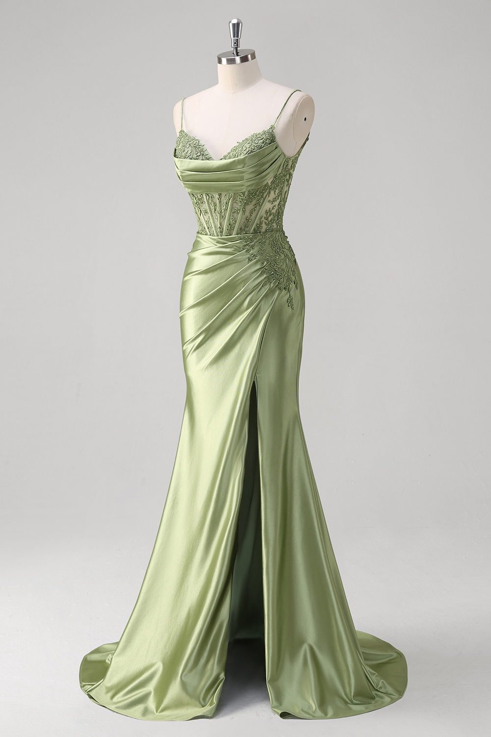Green Spaghetti Straps Satin Mermaid Long Corset Prom Dress with Appliques