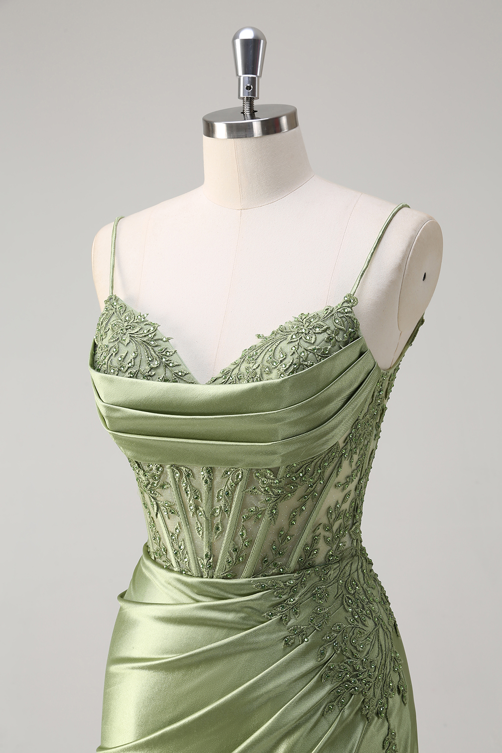 Green Spaghetti Straps Satin Mermaid Long Corset Prom Dress with Appliques