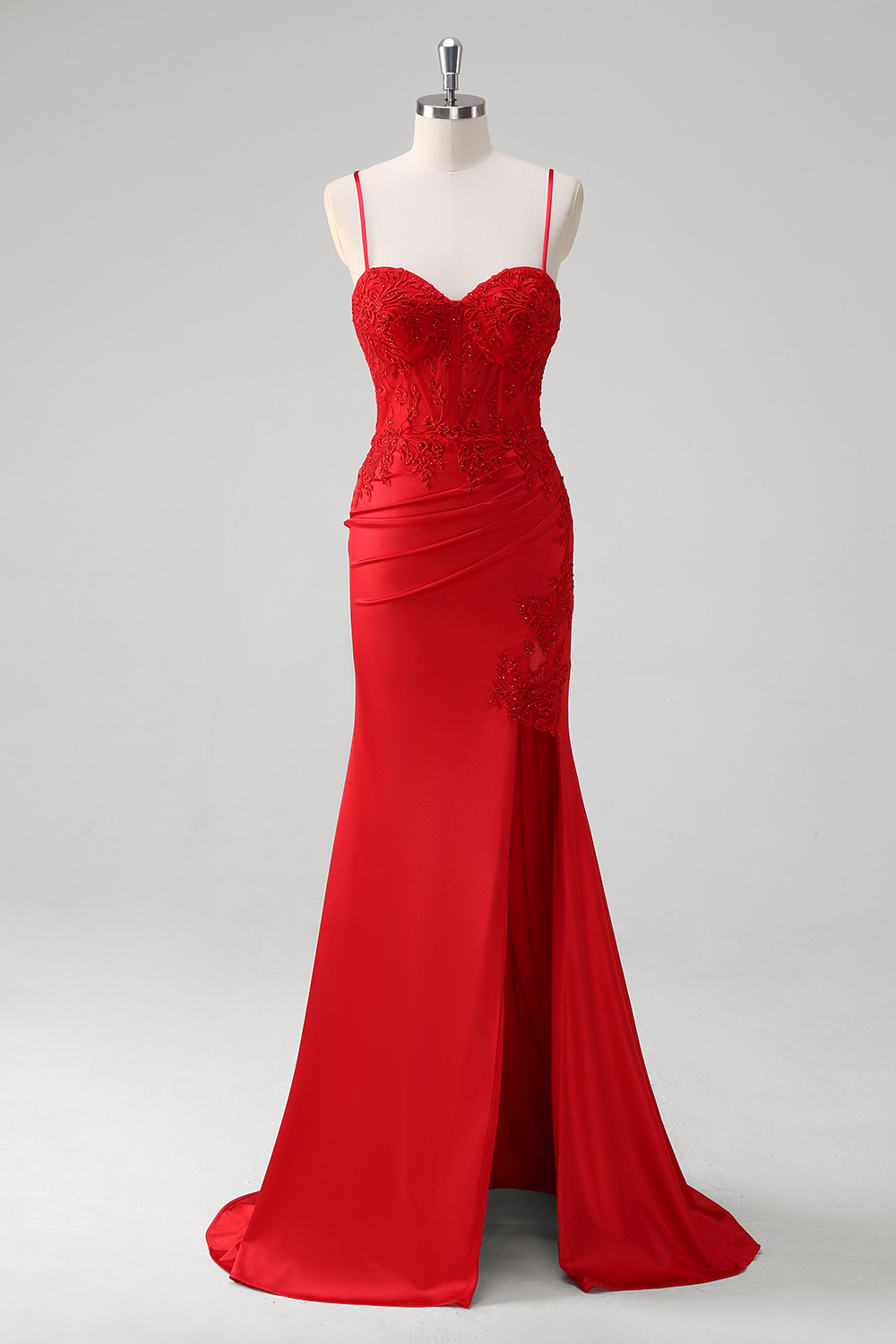 Red Spaghetti Straps Satin Mermaid Long Corset Prom Dress with Appliques