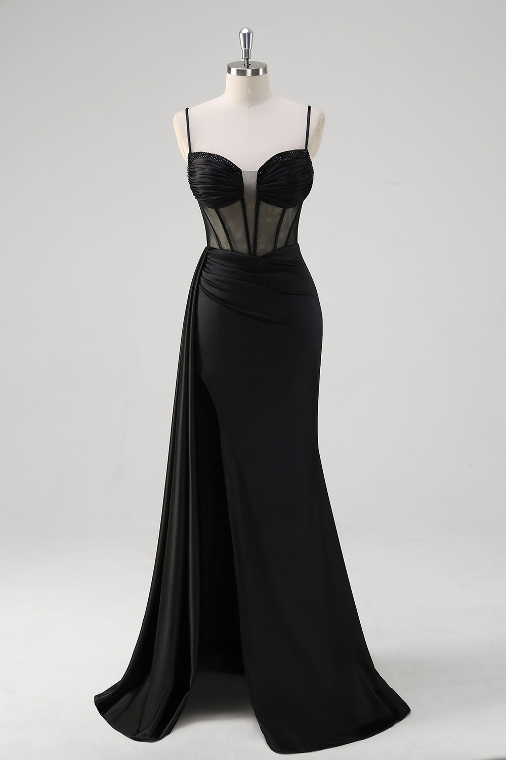 Black Spaghetti Straps Satin Ruched Mermaid Long Corset Prom Dress with Slit