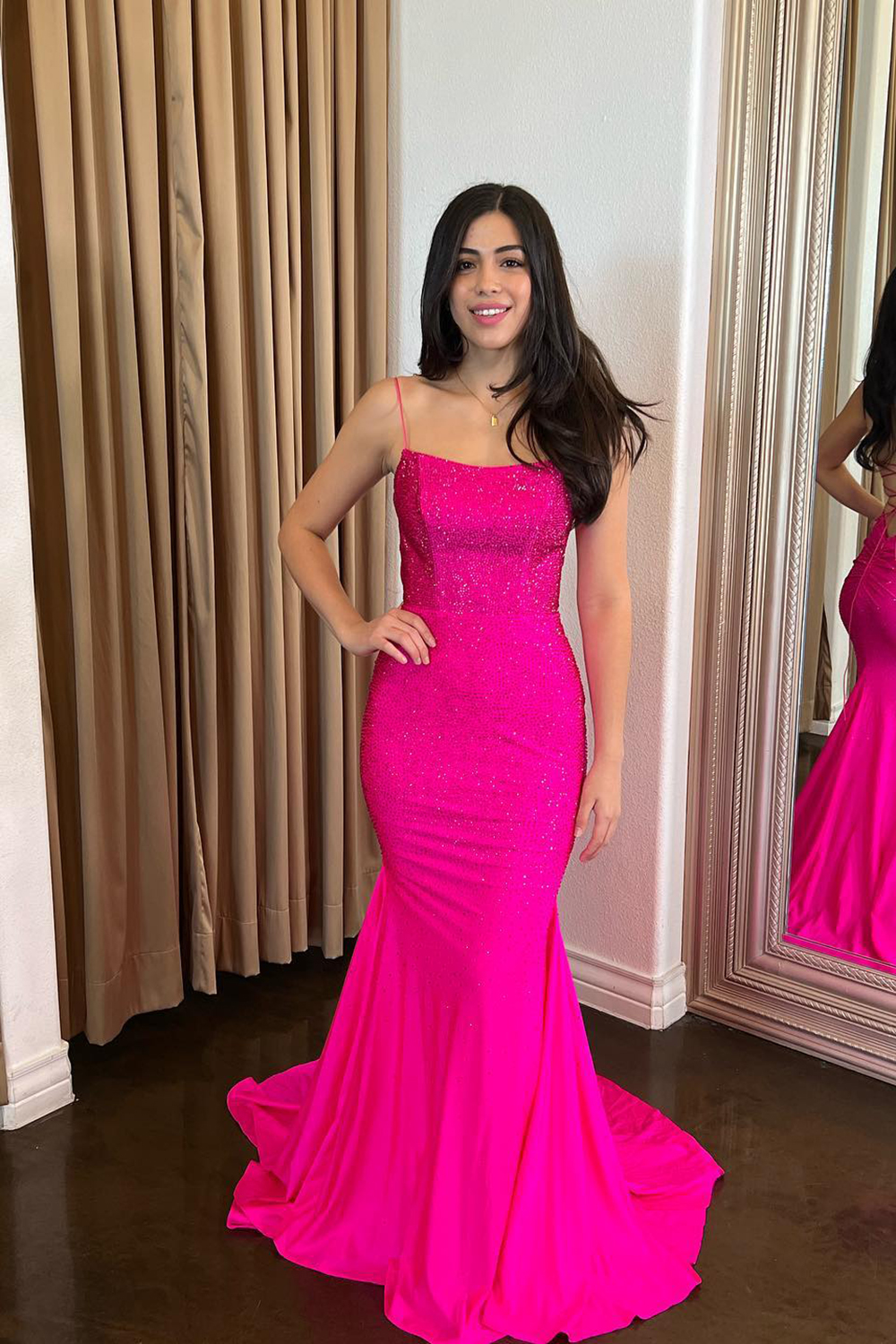 Glitter Fuchsia Spaghetti Straps Open Back Mermaid Long Corset Prom Dress with Beading