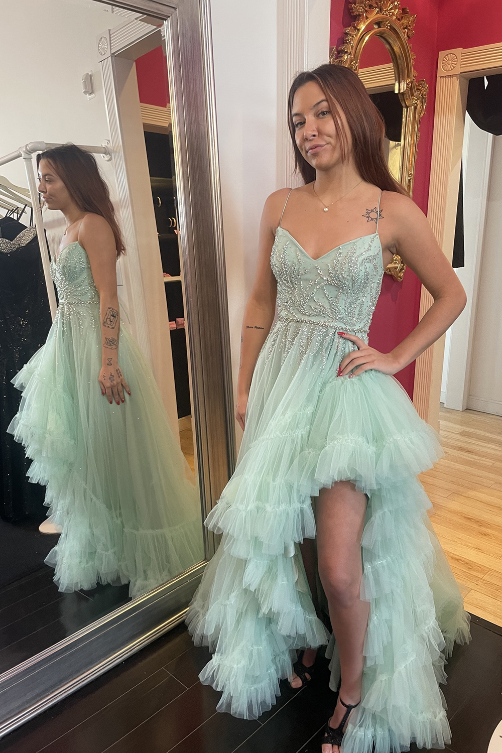Sage Spaghetti Straps Tulle A-Line Tiered LongProm Dress with Beading
