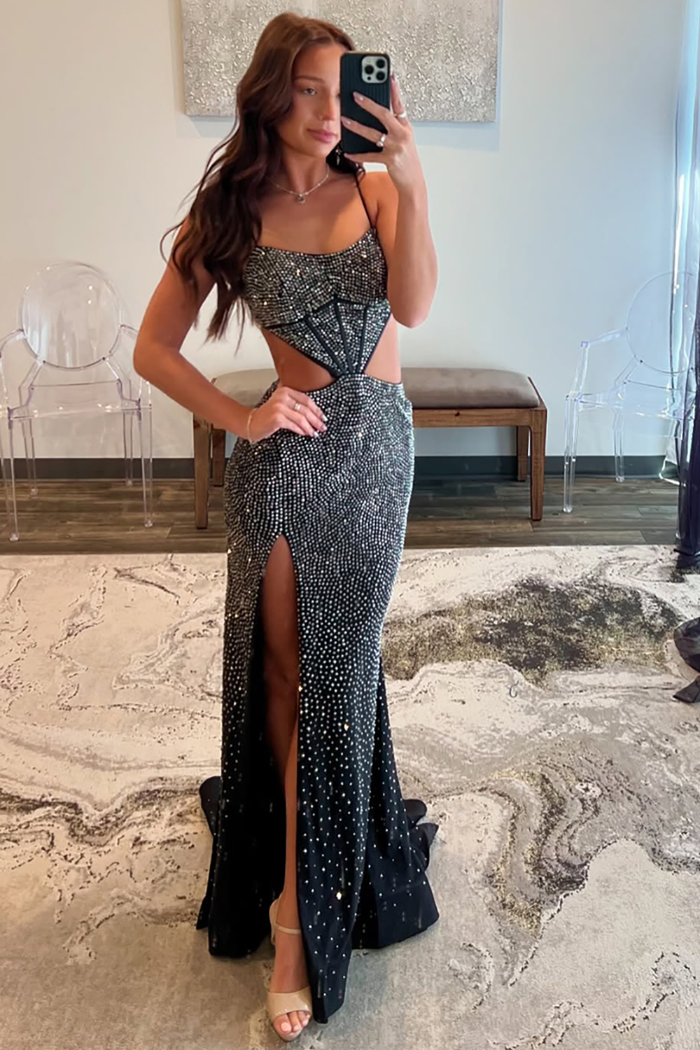 Glitter Red Spaghetti Straps Cut-out Mermaid Long Prom Dress with Beading