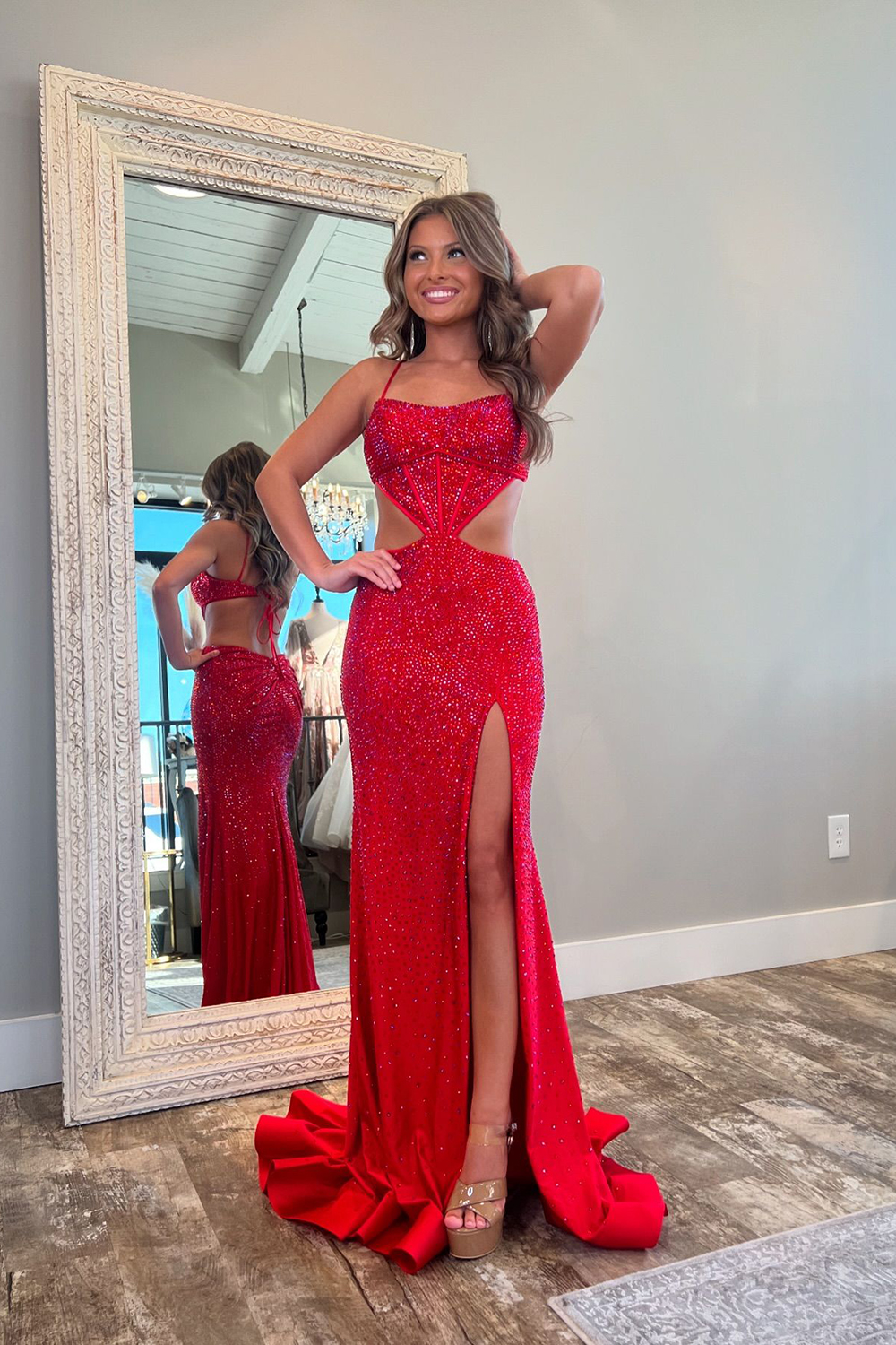 Glitter Red Spaghetti Straps Cut-out Mermaid Long Prom Dress with Beading