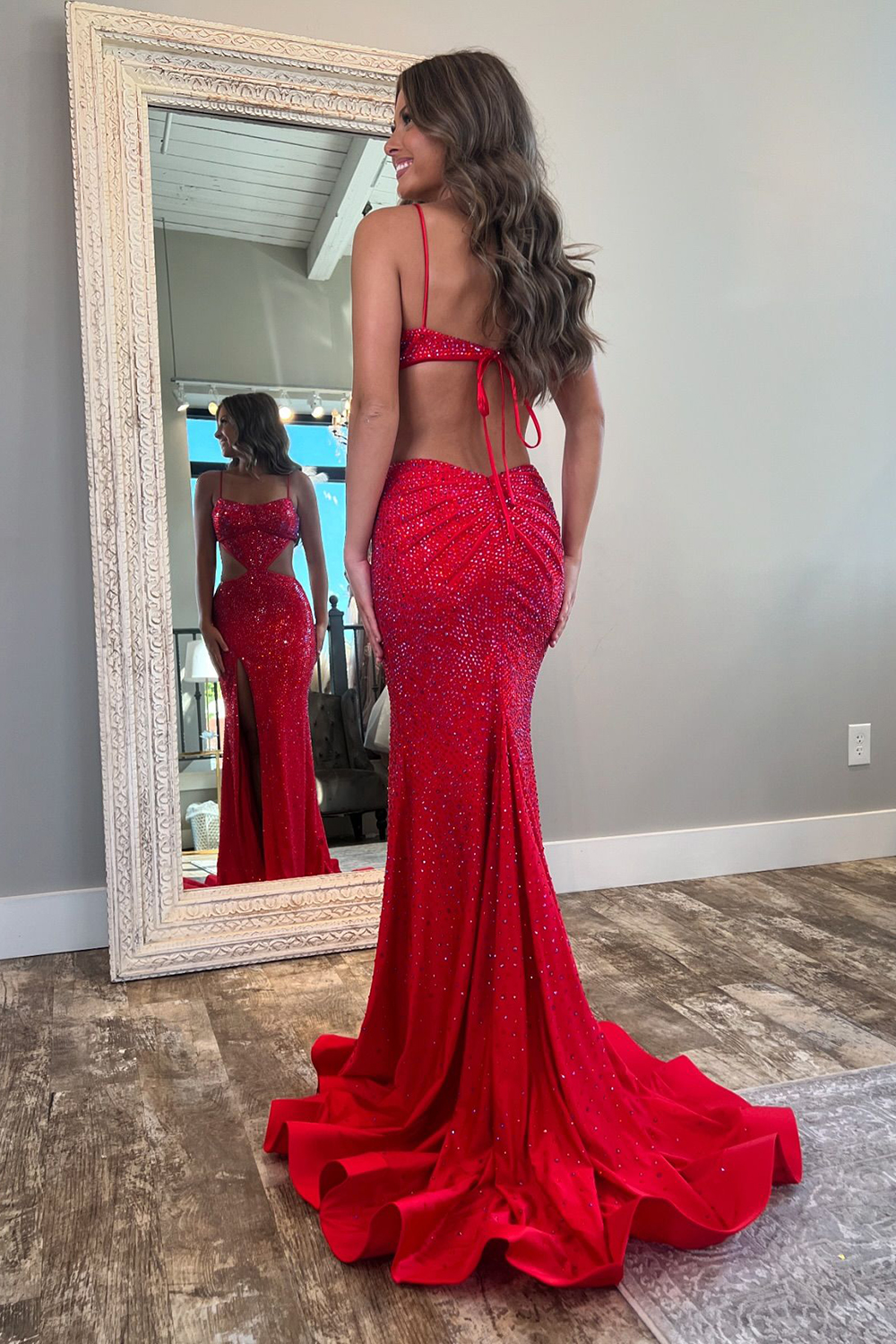 Glitter Red Spaghetti Straps Cut-out Mermaid Long Prom Dress with Beading