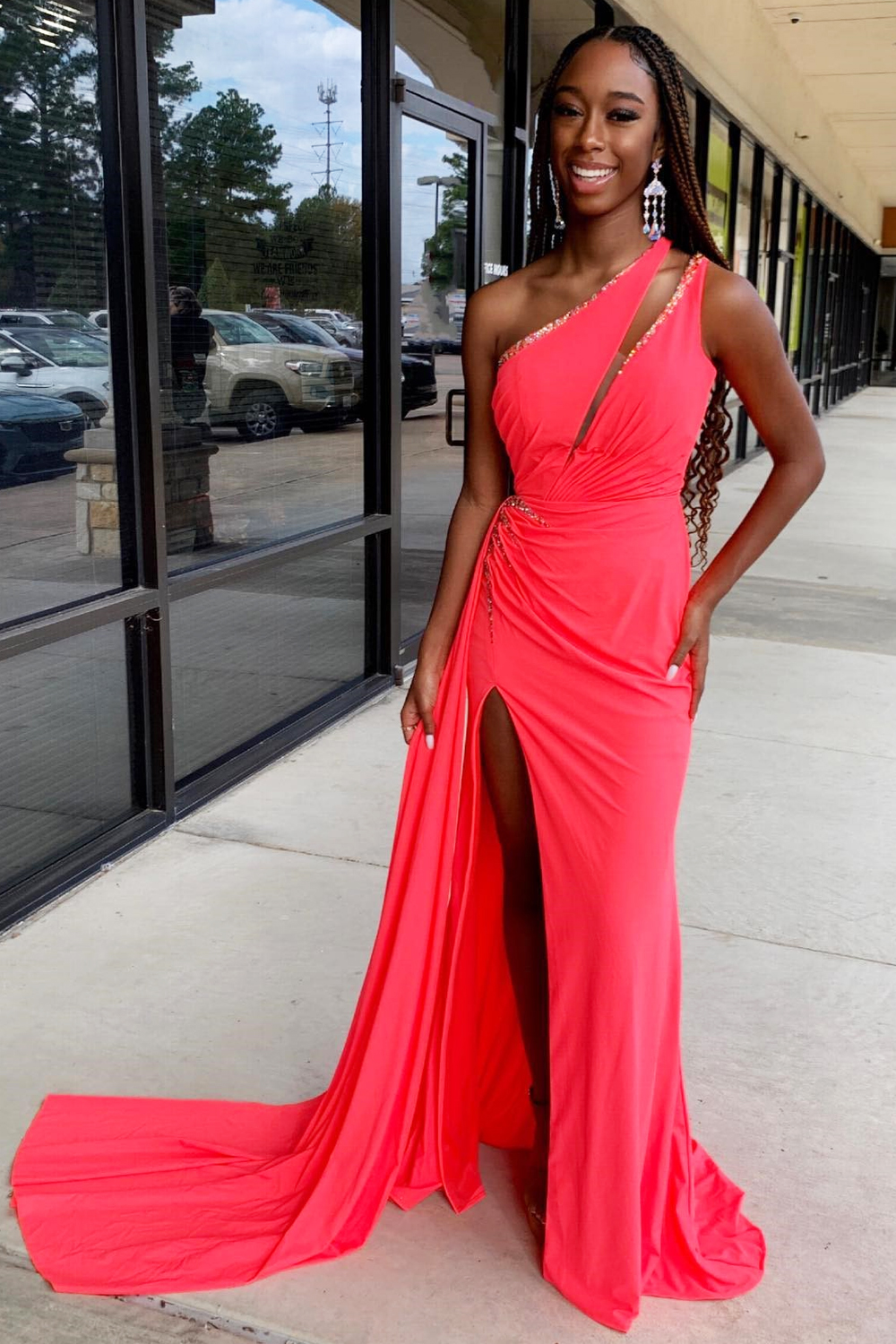 Trendy Coral One Shoulder Mermaid Long Prom Dress with Slit