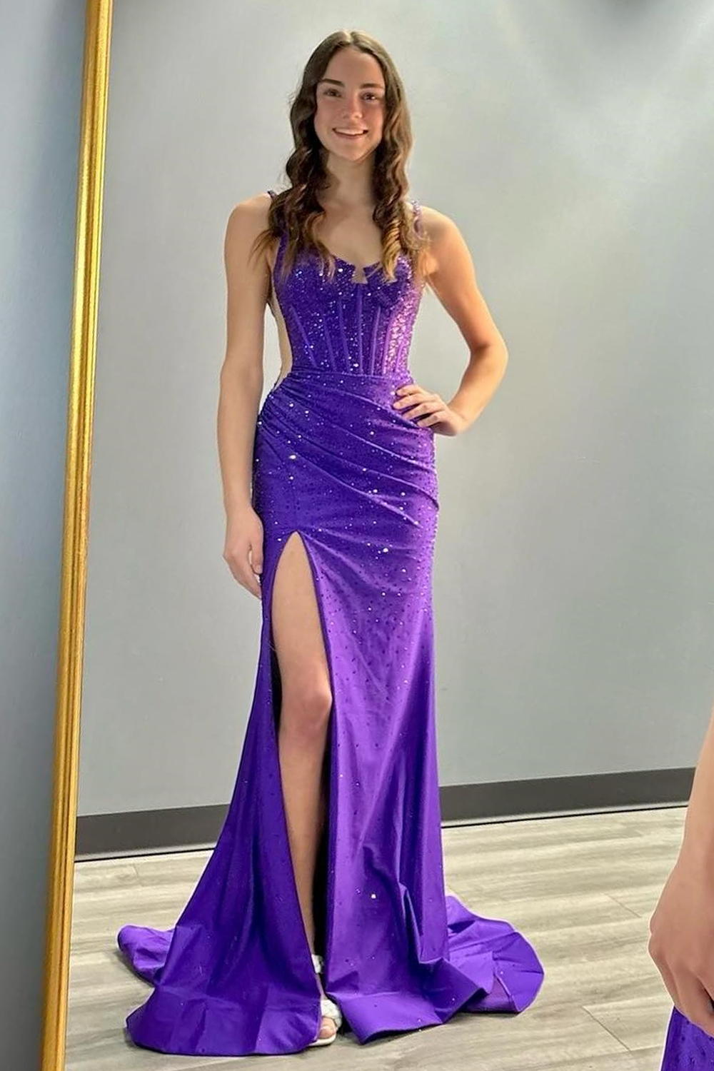 Purple Spaghetti Straps Beaded Mermaid Long Corset Prom Dress with Slit
